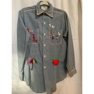Unusual Hand Embroidered Womens Blue Denim Look Shirt King‎ Kole Vintage Holly